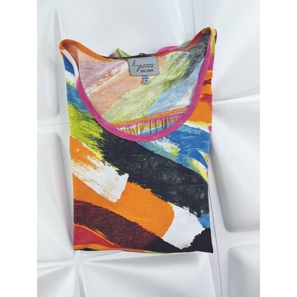 Lynne Ritchie Sz M Rainbow Stripe Tunic Blouse Top Mesh Back Colorful Womens - Picture 4 of 6